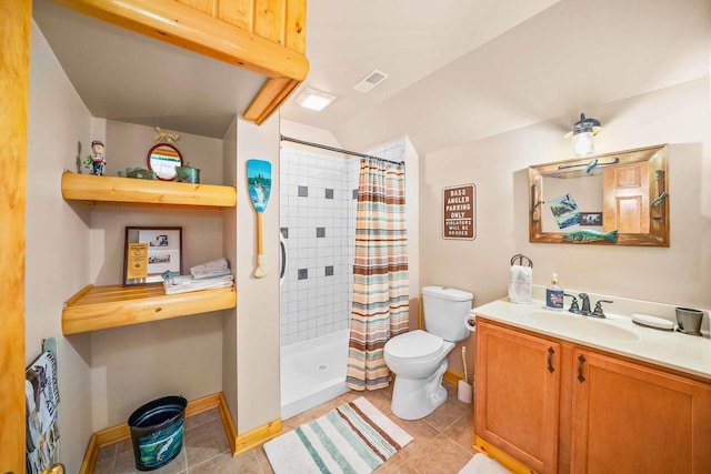 549 Beachview Dr, Lake Holiday, IL 60552 - bathroom with tile patterned flooring, vanity, toilet, baseboards, and a shower stall