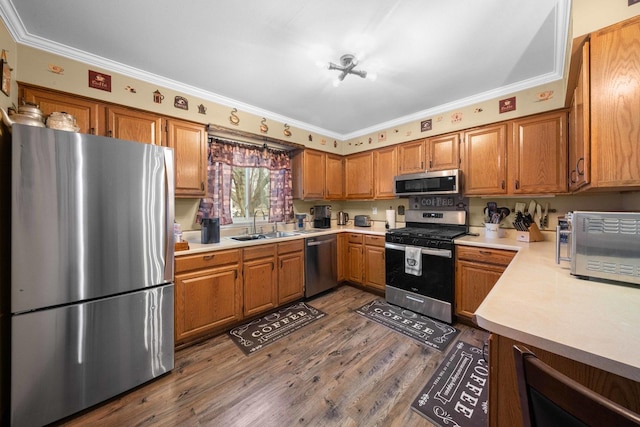 kitchen with stainless steel appliances, ornamental molding, sink, and dark hardwood / wood-style floors