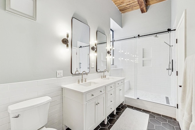 bathroom featuring tile patterned floors, tile walls, wooden ceiling, vanity, and a shower with door