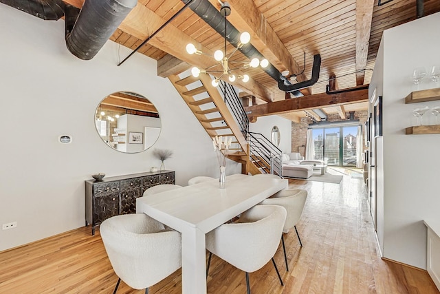 dining area with wood ceiling, light hardwood / wood-style flooring, and vaulted ceiling with beams