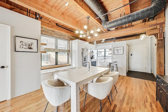 dining space with wood ceiling, sink, a chandelier, and light hardwood / wood-style floors