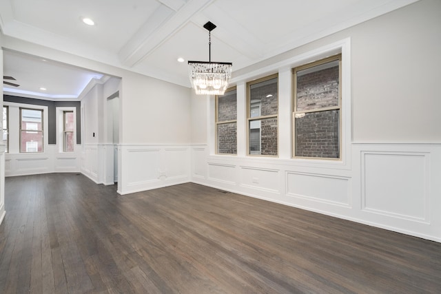 unfurnished dining area with dark hardwood / wood-style flooring, beam ceiling, crown molding, and an inviting chandelier