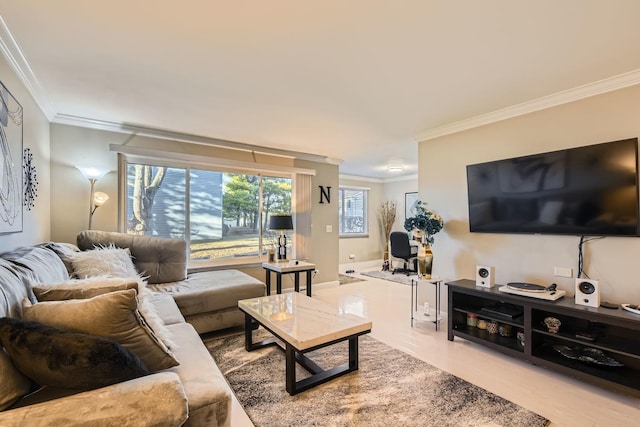 living room with crown molding