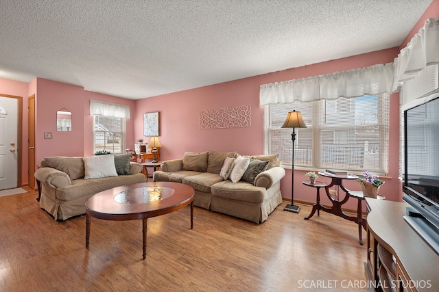 living room featuring light hardwood / wood-style flooring and a textured ceiling