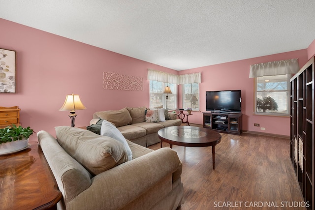 living room featuring a textured ceiling and dark hardwood / wood-style flooring