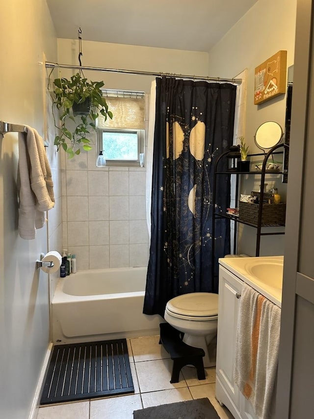 full bathroom featuring tile patterned flooring, vanity, shower / bath combination with curtain, and toilet