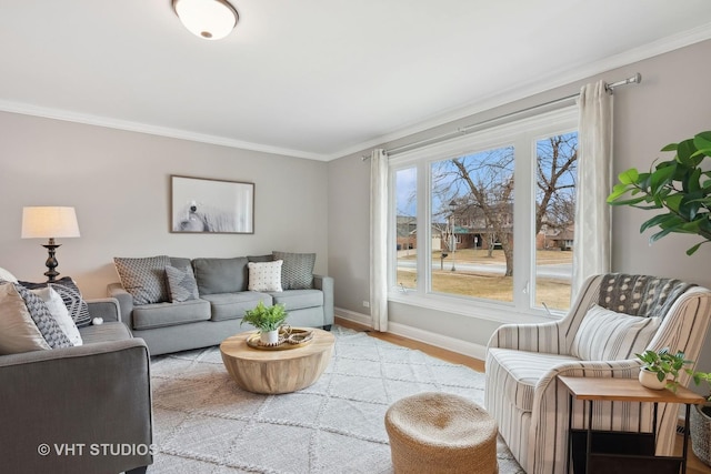 living room featuring ornamental molding and light hardwood / wood-style flooring