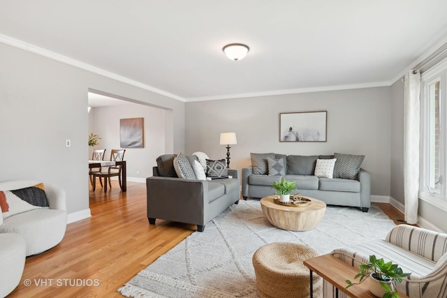 living room with hardwood / wood-style floors and crown molding