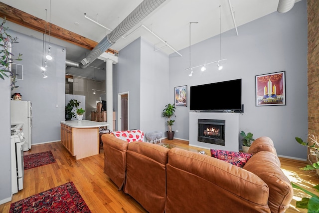 living room featuring a towering ceiling and light wood-type flooring