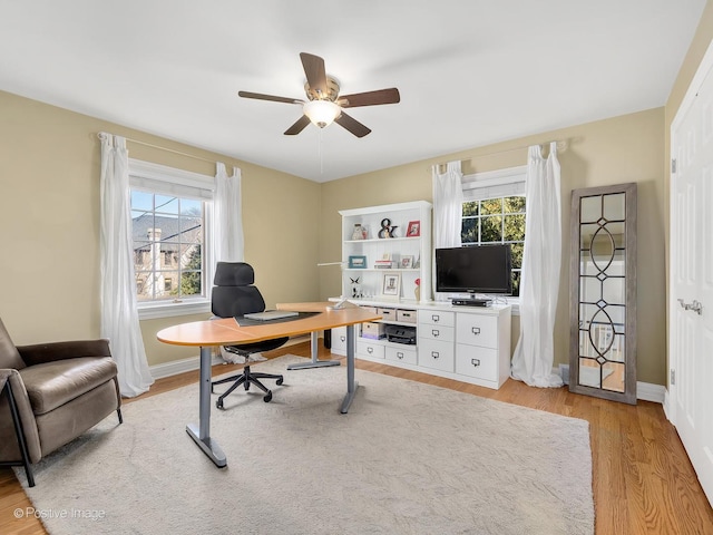 office featuring a healthy amount of sunlight, light wood-style flooring, and baseboards