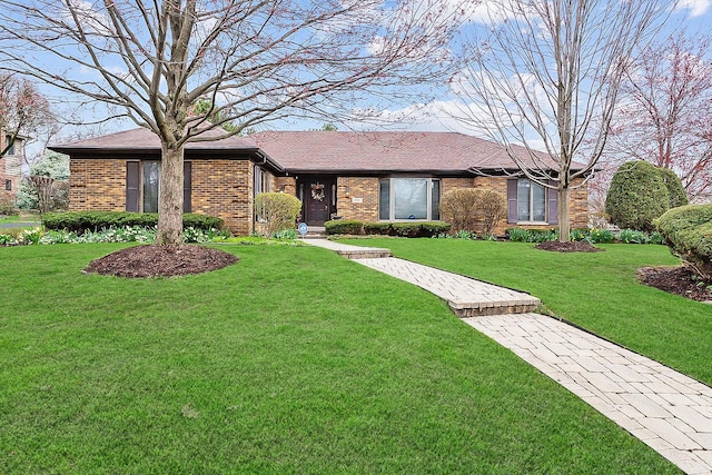 view of front of home featuring a front yard, brick siding, and roof with shingles