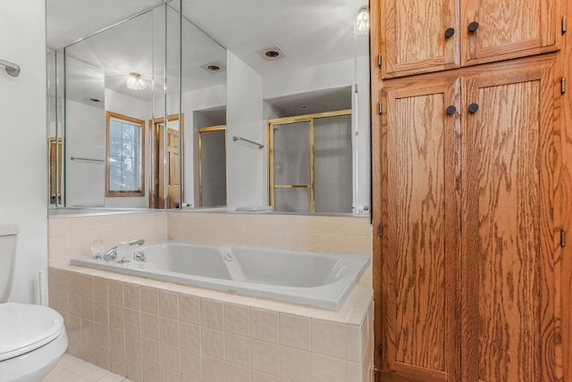 full bath featuring toilet, a stall shower, visible vents, and a garden tub