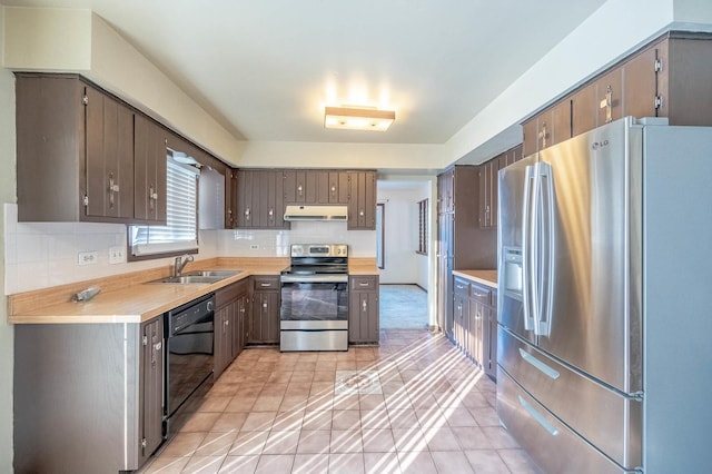 kitchen with sink, decorative backsplash, stainless steel appliances, and light tile patterned flooring