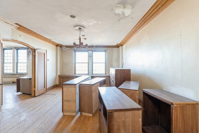 kitchen with crown molding, plenty of natural light, and light wood-type flooring