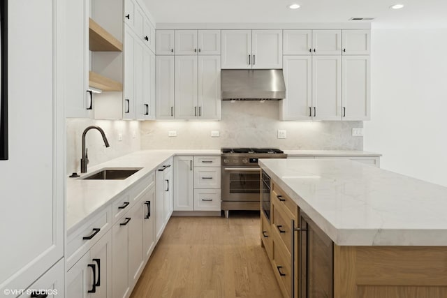 kitchen with white cabinetry, sink, light stone counters, and high end stainless steel range