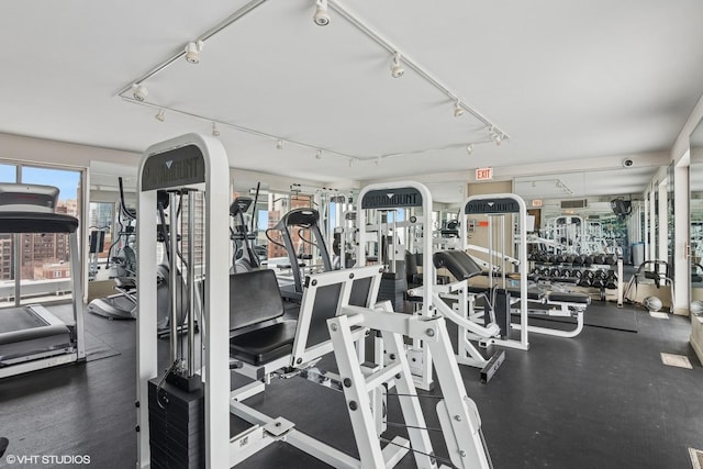 exercise room featuring rail lighting