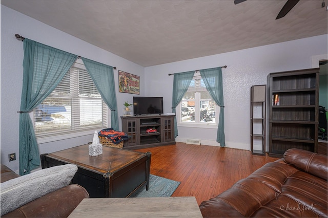 469 Dewey Ave, Galena, IL 61036 - living room with a ceiling fan, plenty of natural light, visible vents, and wood finished floors