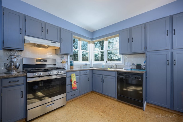 469 Dewey Ave, Galena, IL 61036 - kitchen featuring blue cabinetry, black dishwasher, under cabinet range hood, and stainless steel gas range oven