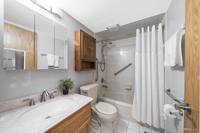 full bathroom featuring shower / bathtub combination with curtain, vanity, tile patterned floors, and toilet