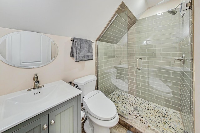 bathroom featuring toilet, a shower stall, vanity, and lofted ceiling