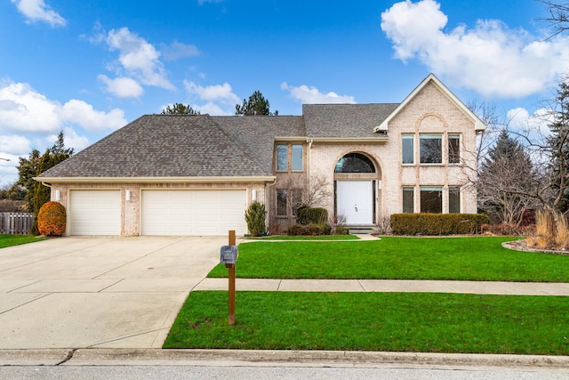 view of property with a garage and a front yard