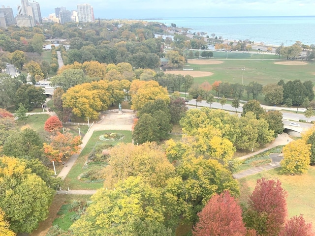 birds eye view of property featuring a water view