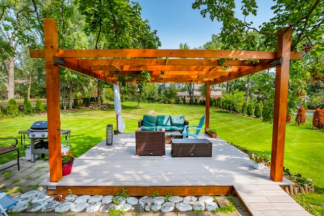 view of patio featuring a wooden deck, a grill, outdoor lounge area, and a pergola