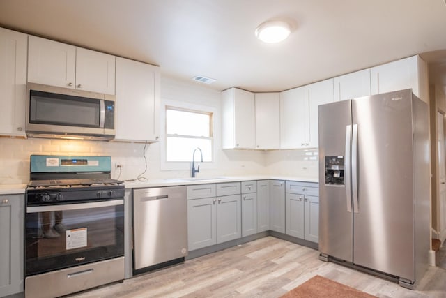 kitchen with stainless steel appliances, light countertops, visible vents, backsplash, and a sink