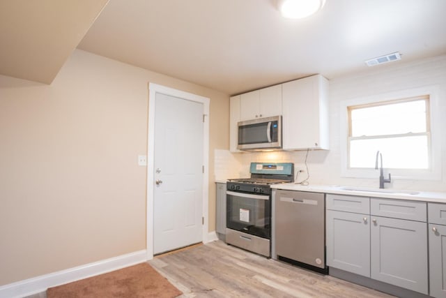 kitchen with a sink, visible vents, appliances with stainless steel finishes, decorative backsplash, and light wood finished floors