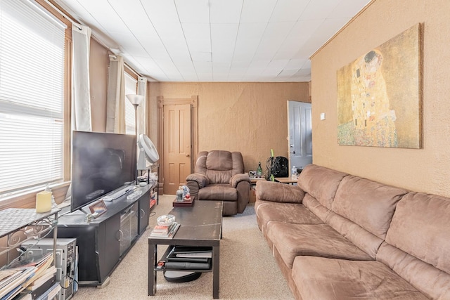 living room with carpet and a textured wall