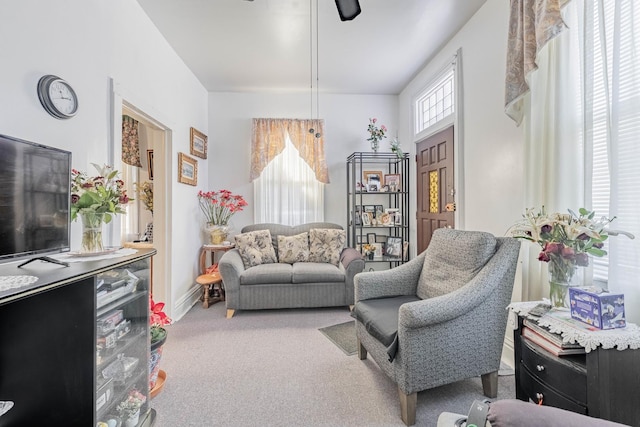 sitting room with baseboards and carpet flooring