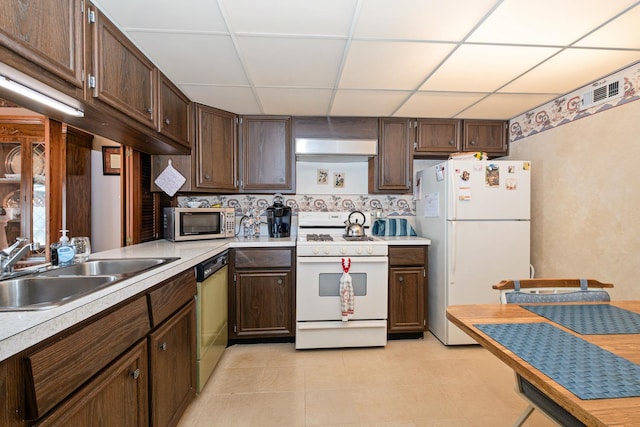 kitchen with dark brown cabinetry, sink, a paneled ceiling, and appliances with stainless steel finishes