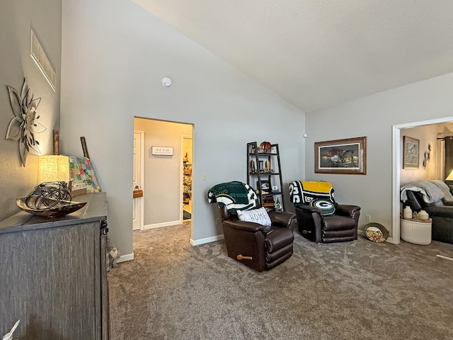 living area featuring carpet floors, high vaulted ceiling, and baseboards