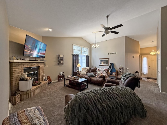 living room with lofted ceiling, carpet flooring, visible vents, baseboards, and a brick fireplace