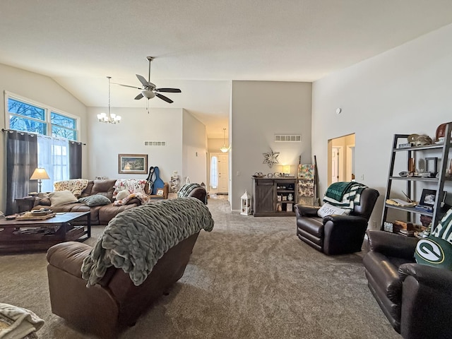 carpeted living room featuring a chandelier, high vaulted ceiling, and visible vents