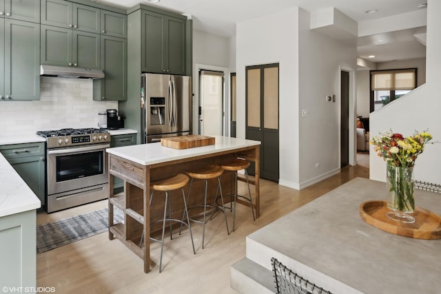 kitchen featuring green cabinets, decorative backsplash, and appliances with stainless steel finishes