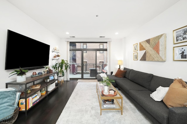 living room with wood-type flooring and a wall of windows