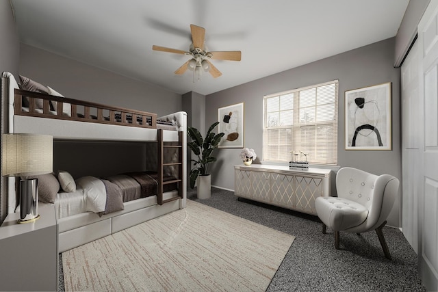 carpeted bedroom with ceiling fan