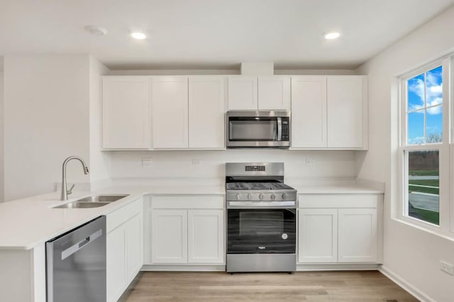 kitchen with sink, white cabinets, kitchen peninsula, stainless steel appliances, and light hardwood / wood-style flooring