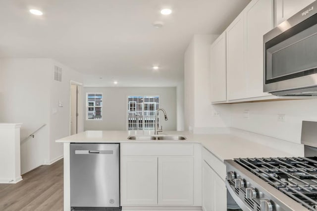 kitchen with white cabinetry, appliances with stainless steel finishes, sink, and kitchen peninsula