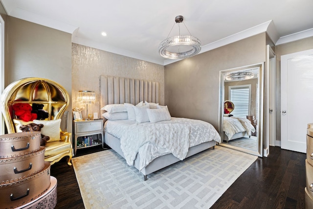 bedroom featuring dark wood-type flooring and ornamental molding