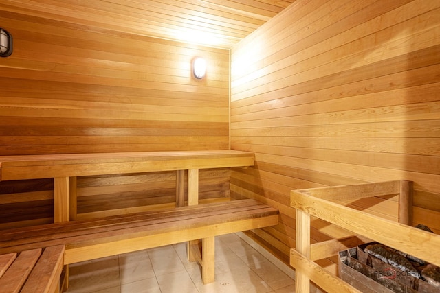 view of sauna / steam room with tile patterned floors