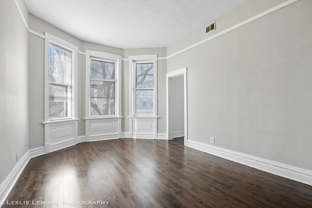 spare room with plenty of natural light and dark wood-type flooring