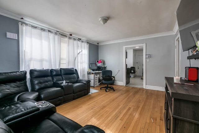 living room featuring ornamental molding and light wood-type flooring