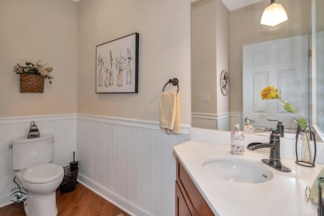 bathroom featuring vanity, wood-type flooring, and toilet