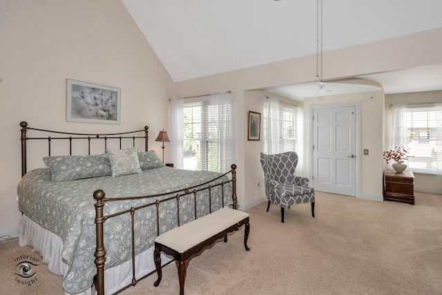 carpeted bedroom with multiple windows and high vaulted ceiling