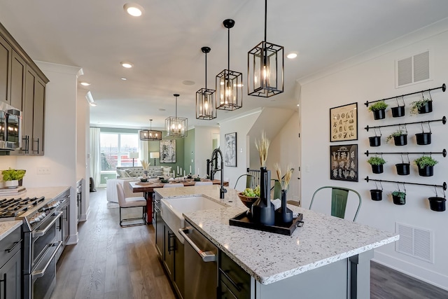 kitchen with appliances with stainless steel finishes, decorative light fixtures, an island with sink, sink, and ornamental molding