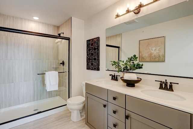 bathroom with vanity, a shower with door, and toilet