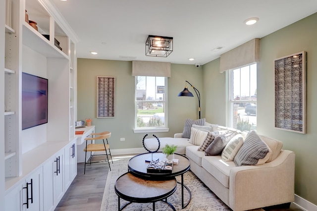 living room featuring light wood-type flooring and a wealth of natural light