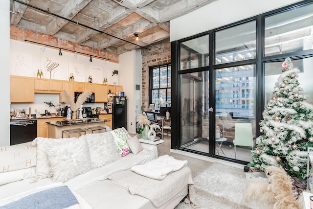 living room with a high ceiling